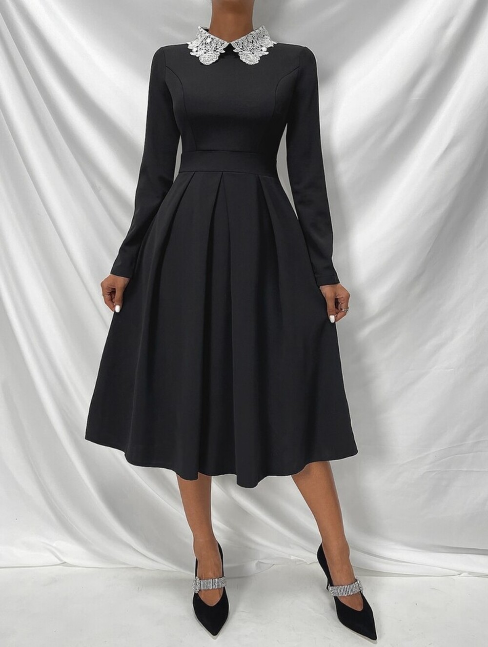 SHEIN Black Long Sleeve Dress with White Lace Collar